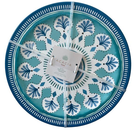 ACADIA HOME Melamine 10.5" Dinner Plates Set 4 Blue Teal White Iznik Print NEW - Picture 1 of 8